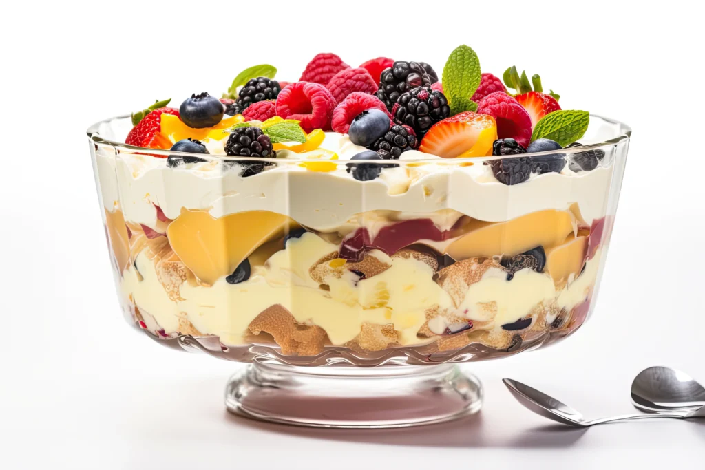 Traditional trifle with cream and fruit layers ready to serve