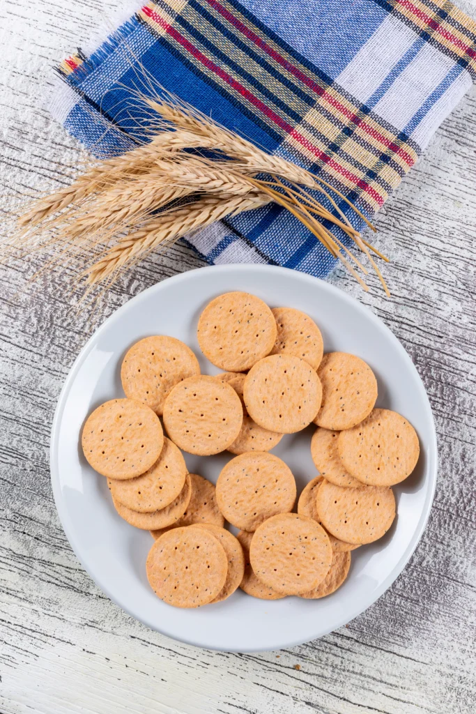 Wholewheat digestive biscuits with a half-dipped dark chocolate coating.