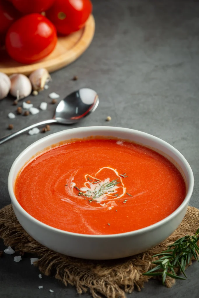 Homemade tomato basil soup close-up, showing the smooth, velvety texture and vibrant red color of the pureed tomatoes