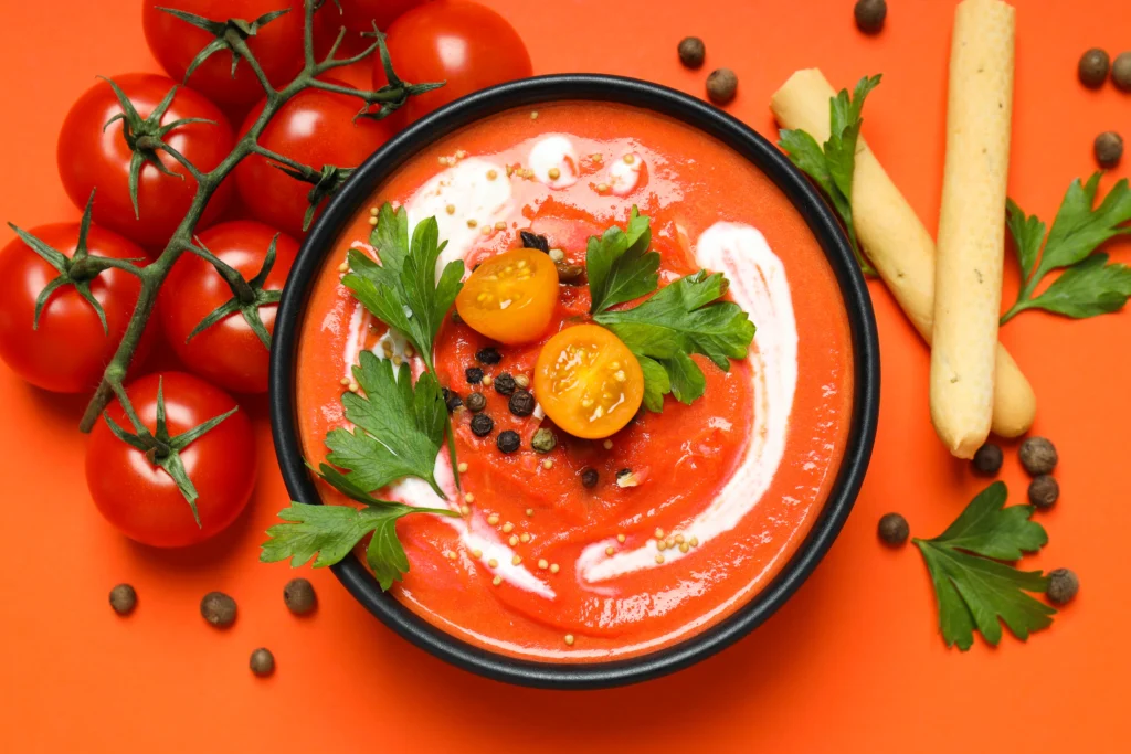 Creamy tomato soup garnished with a swirl of cream and fresh basil, served in a rustic white bowl.